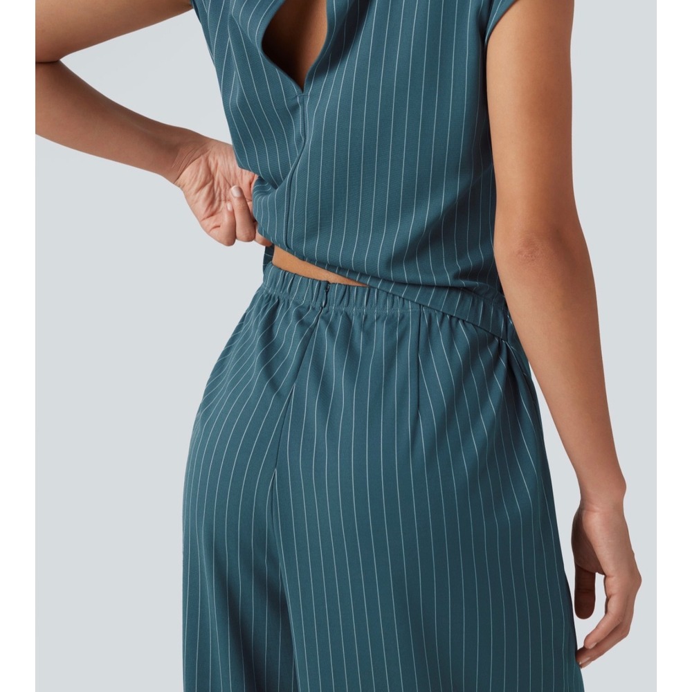 Halara Teal Pinstripe Boat Neck Sleeveless Tie Side Wide Leg Work Jumpsuit M - Picture 6 of 12